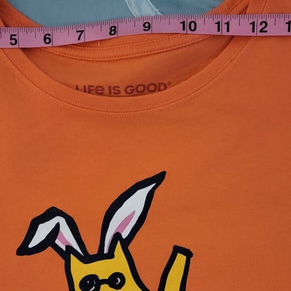 Life Is Good Shirt Women Medium Orange Hoppy Hour with Dog Holding a Lily Short - Picture 3 of 9